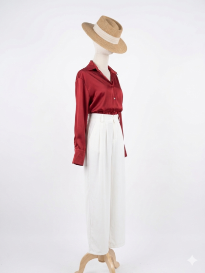 Timeless Riviera Chic: The Satin Blouse & Pleated Trouser Set